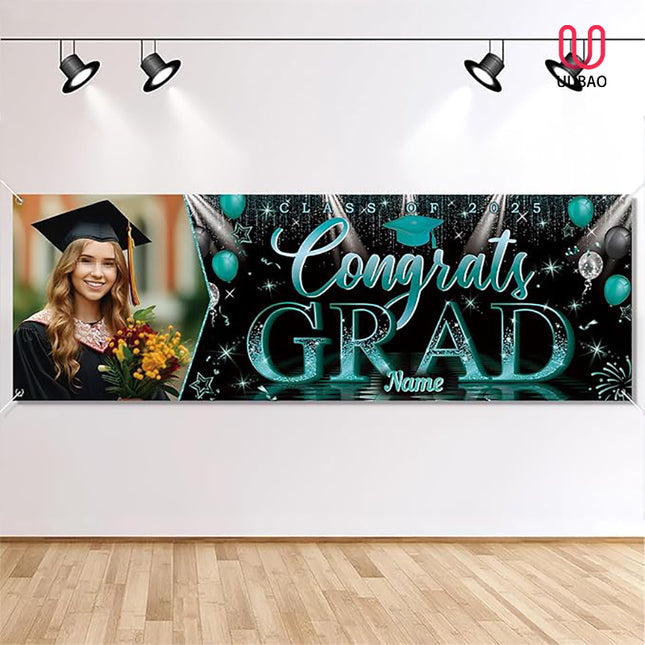 UUBAO Custom Graduation Party Decorations Personalization Banner Class of 2025 Backdrop (Peacock Blue）