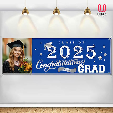 UUBAO Custom Graduation Party Decorations Personalization Banner Class of 2025 Backdrop (Navy Blue）