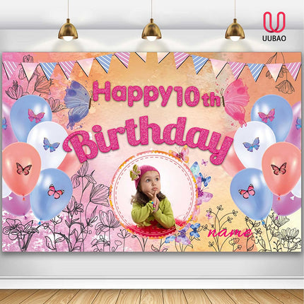 UUBAO Custom Butterfly Birthday Party Decorations Banner Backdrop Decorations Supplies
