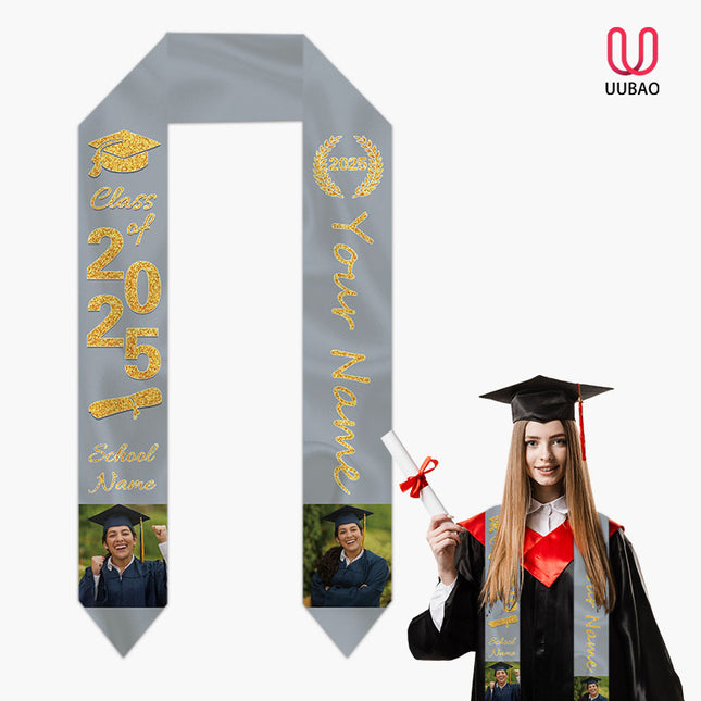 UUBAO Personalized Photo Name Graduation Shawl Custom Multi-color Option Graduation Stole Class Of 2025 Honor Shoulder Strap Decoration (Silvery)