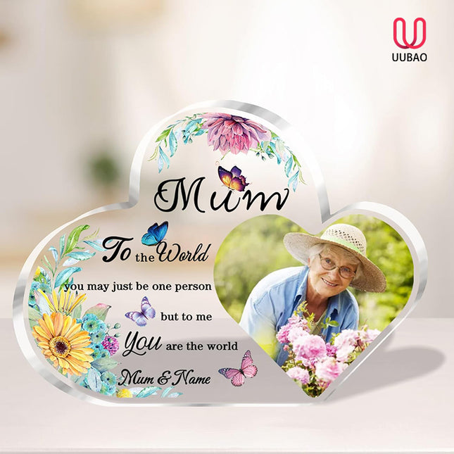 UUBAO Custom Mother’s Day Personalized Acrylic Plaque with Photos Name Gifts for Mom (Heart Butterfly)