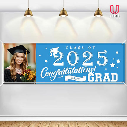 UUBAO Custom Graduation Party Decorations Personalization Banner Class of 2025 Backdrop (Sky Blue）