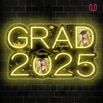 UUBAO Personalized Graduation Gift Neon Signs Congrats Grad LED Light Signs with Photo 2025 Party Backdrop Light Sign Decor (Black and Gold)