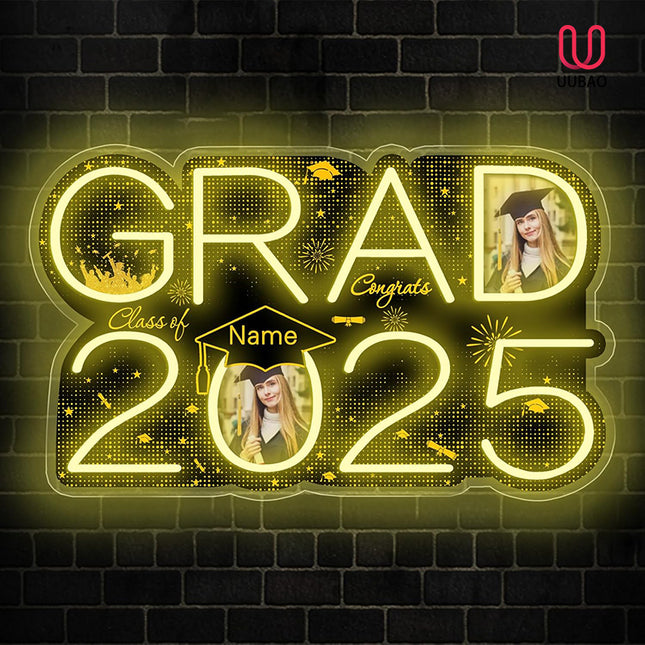 UUBAO Personalized Graduation Gift Neon Signs Congrats Grad LED Light Signs with Photo 2025 Party Backdrop Light Sign Decor (Black and Gold)