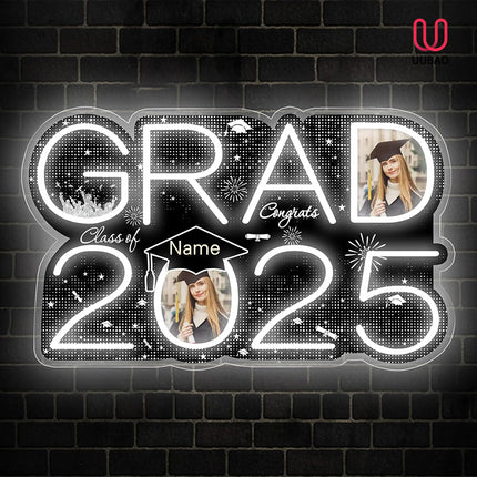 UUBAO Personalized Graduation Gift Neon Signs Congrats Grad LED Light Signs with Photo 2025 Party Backdrop Light Sign Decor (Black and Silver)