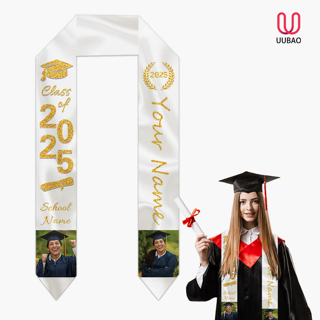 UUBAO Personalized Photo Name Graduation Shawl Custom Multi-color Option Graduation Stole Class Of 2025 Honor Shoulder Strap Decoration (White)