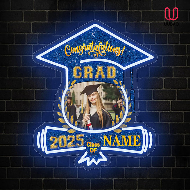 UUBAO Custom Graduation Gift LED Neon Signs Class of 2025 Personalized Photo Congrats Grad USB Powered (Blue and Gold)