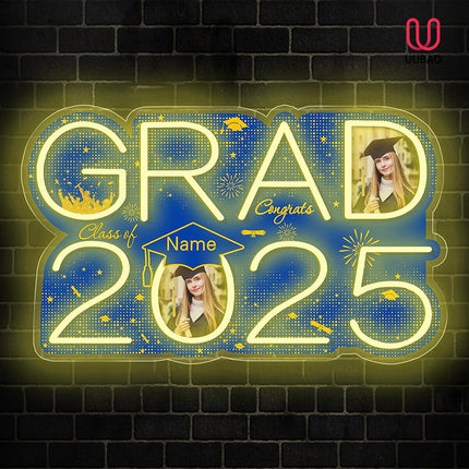 UUBAO Personalized Graduation Gift Neon Signs Congrats Grad LED Light Signs with Photo 2025 Party Backdrop Light Sign Decor (Blue and Gold)