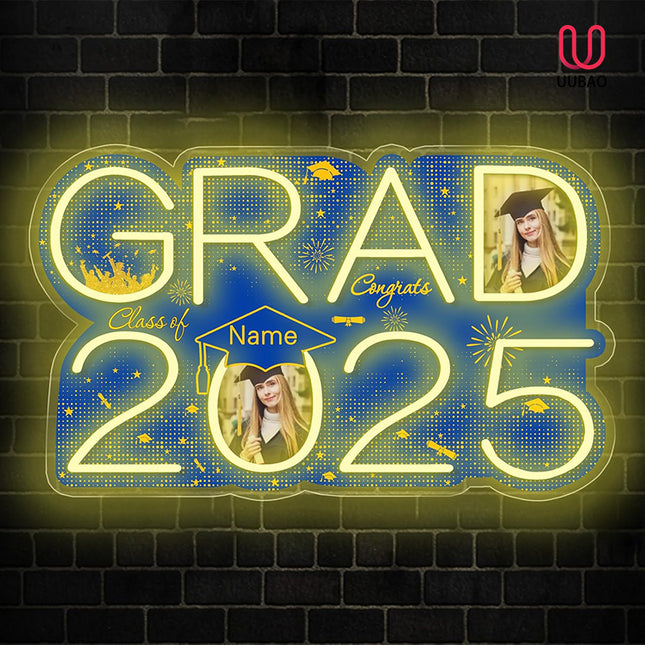 UUBAO Personalized Graduation Gift Neon Signs Congrats Grad LED Light Signs with Photo 2025 Party Backdrop Light Sign Decor (Blue and Gold)