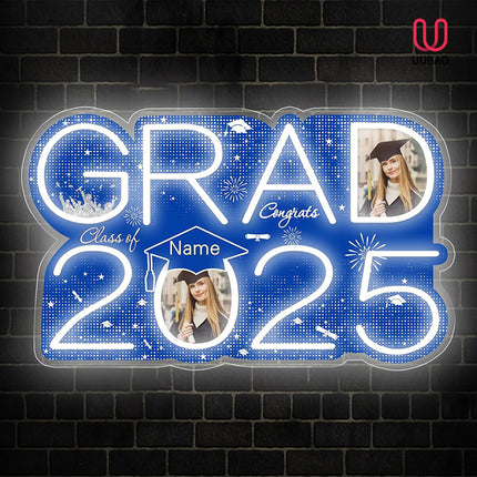 UUBAO Personalized Graduation Gift Neon Signs Congrats Grad LED Light Signs with Photo 2025 Party Backdrop Light Sign Decor (Blue and Silver)
