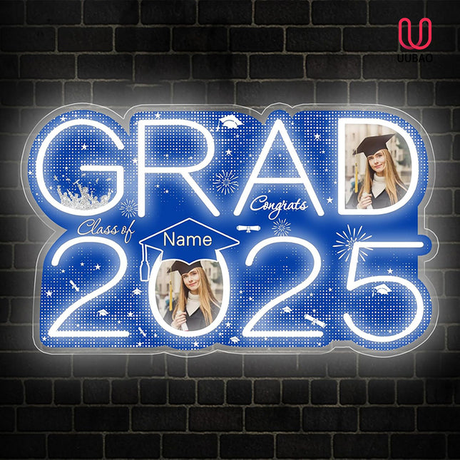 UUBAO Personalized Graduation Gift Neon Signs Congrats Grad LED Light Signs with Photo 2025 Party Backdrop Light Sign Decor (Blue and Silver)