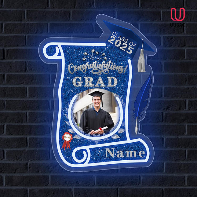 UUBAO Custom Graduation Gift LED Neon Signs Class of 2025 Personalized Photo Congrats Grad USB Powered (Blue and Silver)