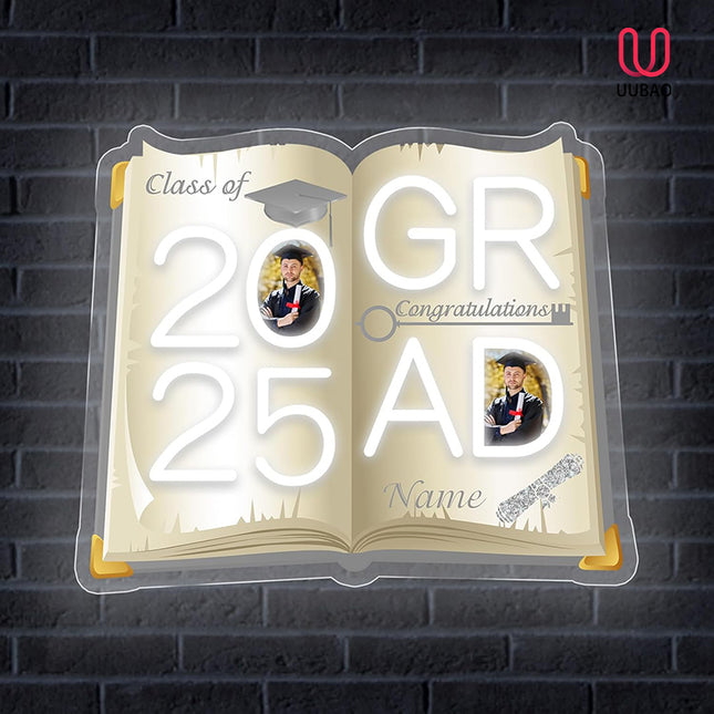 UUBAO Personalized Graduation Gift Neon Signs Congrats Grad LED Light Signs with Photo 2025 Party Backdrop Light Sign Decor (White and Silver)