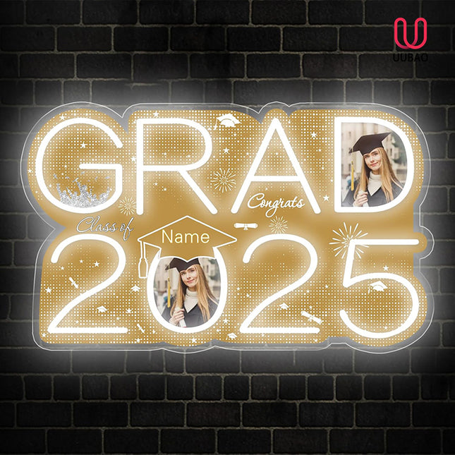 UUBAO Personalized Graduation Gift Neon Signs Congrats Grad LED Light Signs with Photo 2025 Party Backdrop Light Sign Decor (Champagne)