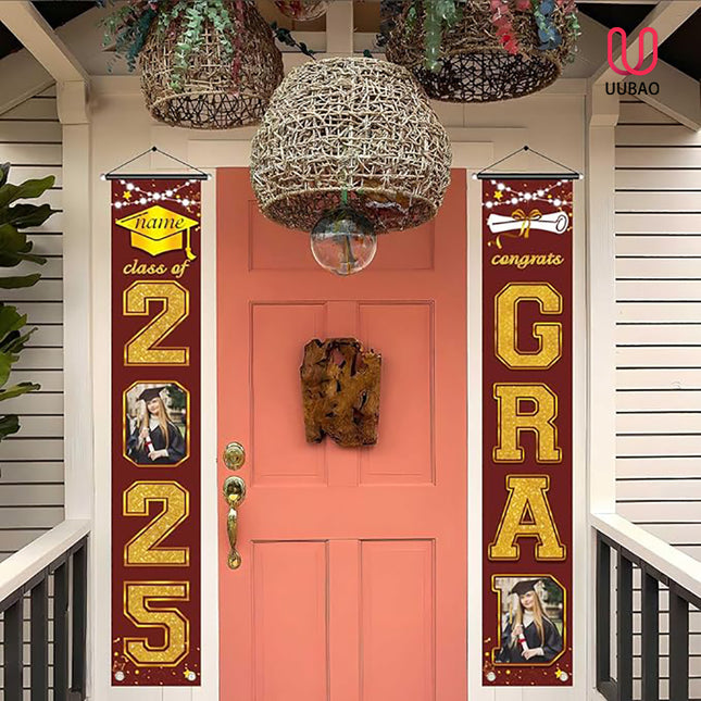 UUBAO Custom Graduation Party Decorations 2025 Personalization Congrats Grad Banner Graduation Front Door Porch Sign Backdrop(Maroon and Gold)