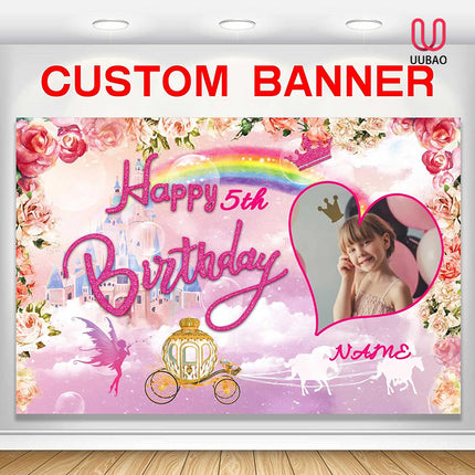 UUBAO Custom Princess Castle Happy Birthday Party Decorations Supplies Personalized Pink Royal Backdrop Banner for Girl