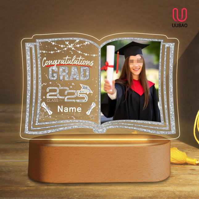 UUBAO Custom Night Light with Photo Name 2025 Personalized Graduation Led Lamp for Women Man Gifts for College High School (Silver)