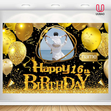 UUBAO Custom Black Gold Theme Birthday Banner for Party Happy Birthday Backdrop Decoration Personalized with Name and Photo