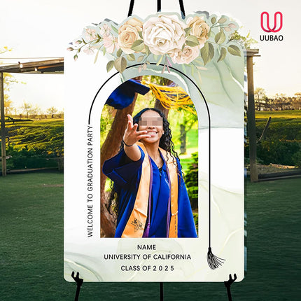UUBAO Customized Welcome Sign for Graduation Party Personalized Acrylic Sign with Photo Name Class of 2025 Graduation Decor(Carving flowers)