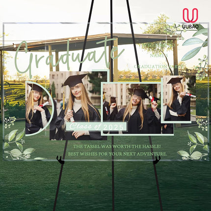 UUBAO Customized Welcome Sign for Graduation Party Personalized Acrylic Sign with Photo Name Class of 2025 Graduation Decor(Green Leaves)