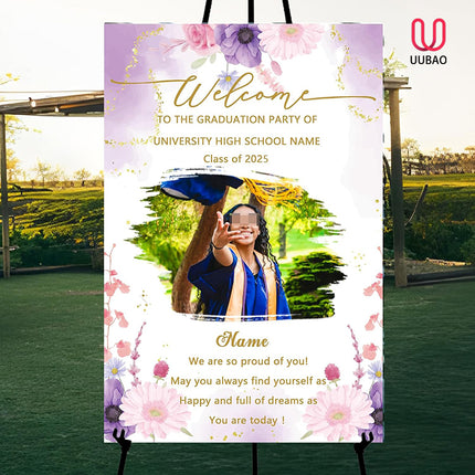 UUBAO Customized Welcome Sign for Graduation Party Personalized Acrylic Sign with Photo Name Class of 2025 Graduation Decor(Purple Flowers)