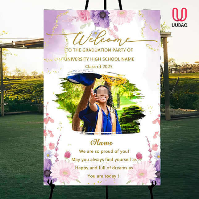 UUBAO Customized Welcome Sign for Graduation Party Personalized Acrylic Sign with Photo Name Class of 2025 Graduation Decor(Purple Flowers)