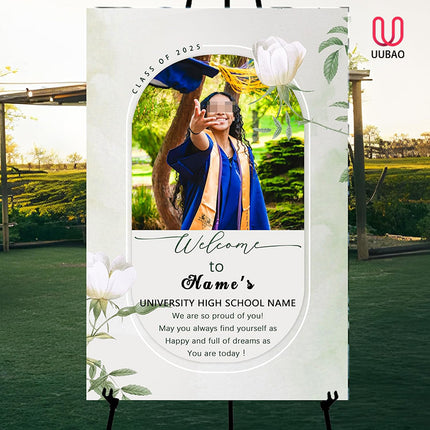UUBAO Customized Welcome Sign for Graduation Party Personalized Acrylic Sign with Photo Name Class of 2025 Graduation Decor(White Flower)