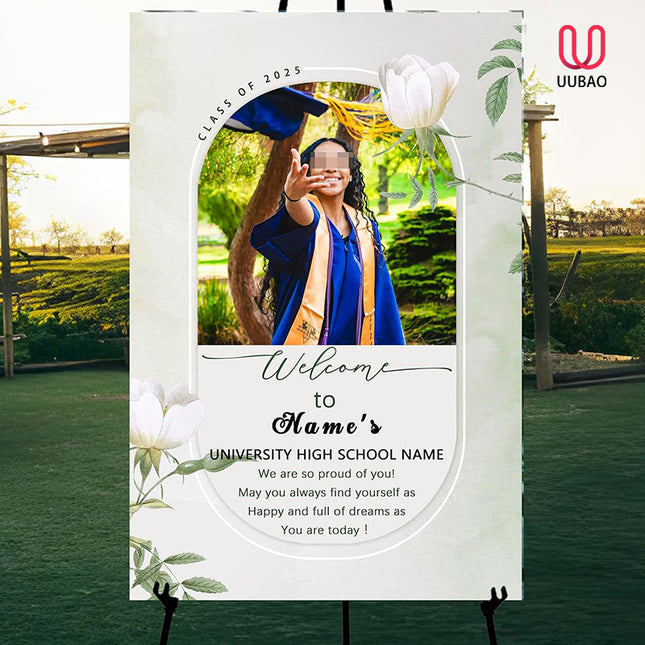 UUBAO Customized Welcome Sign for Graduation Party Personalized Acrylic Sign with Photo Name Class of 2025 Graduation Decor(White Flower)