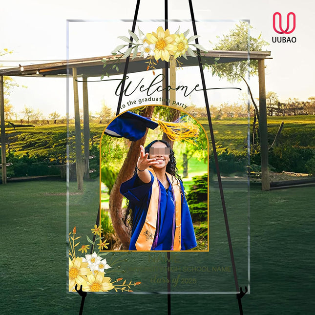 UUBAO Customized Welcome Sign for Graduation Party Personalized Acrylic Sign with Photo Name Class of 2025 Graduation Decor(Yellow Flower)