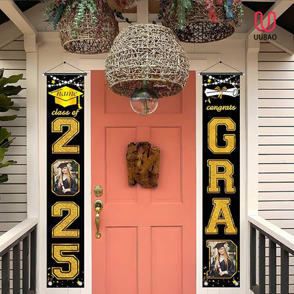 UUBAO Custom Graduation Party Decorations 2025 Personalization Congrats Grad Banner Graduation Front Door Porch Sign Backdrop(Black and Gold)