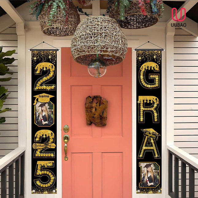 UUBAO Custom Graduation Party Decorations 2025 Personalization Congrats Grad Banner Graduation Front Door Porch Sign Backdrop(Black and Gold)