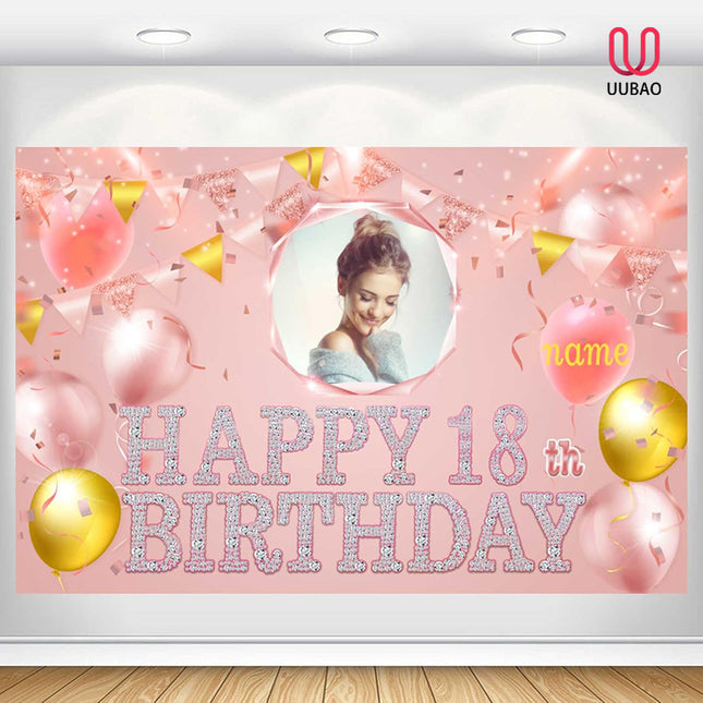 UUBAO Custom Birthday Banner for Party Personalized Backdrop Decoration with Name and Photo(Pink)