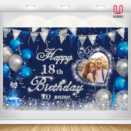 UUBAO Custom Navy Blue Theme Birthday Banner for Party Happy Birthday Backdrop Decoration Personalized with Name and Photo