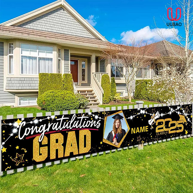 UUBAO Custom Graduation Party Decorations 2025 Personalization Congrats Grad Banner Graduation Backdrop(Black and Gold)