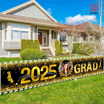 UUBAO Custom Graduation Party Decorations 2025 Personalization Congrats Grad Banner Graduation Backdrop(Black and Gold)