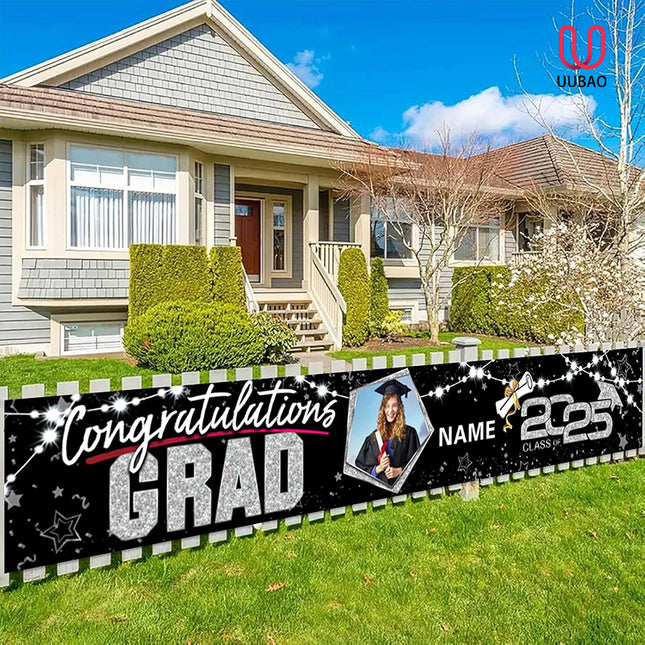 UUBAO Custom Graduation Party Decorations 2025 Personalization Congrats Grad Banner Graduation Backdrop(Black and Silver)