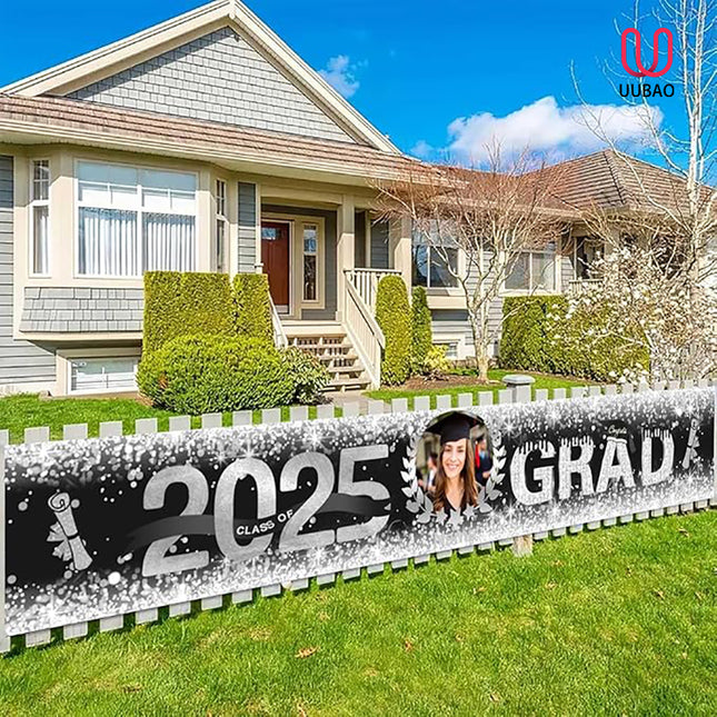 UUBAO Custom Graduation Party Decorations 2025 Personalization Congrats Grad Banner Graduation Backdrop(Black and Silver)