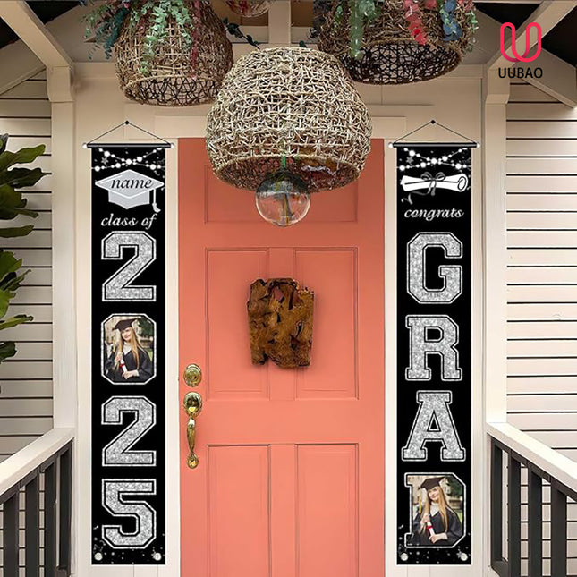 UUBAO Custom Graduation Party Decorations 2025 Personalization Congrats Grad Banner Graduation Front Door Porch Sign Backdrop(Black and Silver)