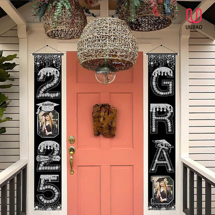 UUBAO Custom Graduation Party Decorations 2025 Personalization Congrats Grad Banner Graduation Front Door Porch Sign Backdrop(Black and Silver)