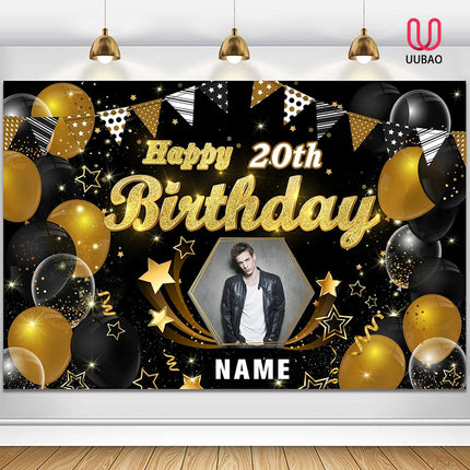 UUBAO Custom Black Gold Theme Birthday Banner for Party Happy Birthday Backdrop Decoration Personalized with Name and Photo