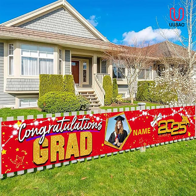 UUBAO Custom Graduation Party Decorations 2025 Personalization Congrats Grad Banner Graduation Backdrop(Red and Gold)