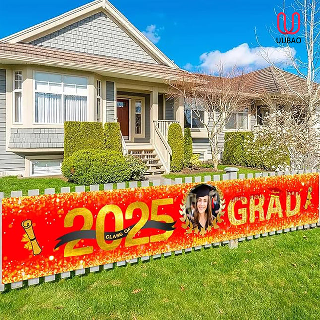 UUBAO Custom Graduation Party Decorations 2025 Personalization Congrats Grad Banner Graduation Backdrop(Red and Gold)