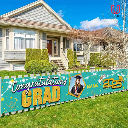 UUBAO Custom Graduation Party Decorations 2025 Personalization Congrats Grad Banner Graduation Backdrop(Peacock Blue and Gold)