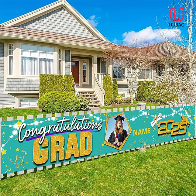 UUBAO Custom Graduation Party Decorations 2025 Personalization Congrats Grad Banner Graduation Backdrop(Peacock Blue and Gold)