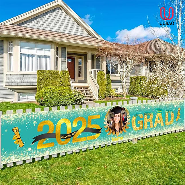UUBAO Custom Graduation Party Decorations 2025 Personalization Congrats Grad Banner Graduation Backdrop(Peacock Blue and Gold)
