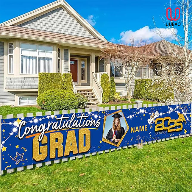 UUBAO Custom Graduation Party Decorations 2025 Personalization Congrats Grad Banner Graduation Backdrop(Blue and Gold)