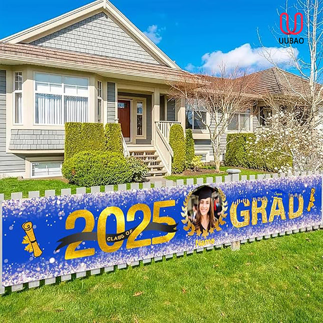 UUBAO Custom Graduation Party Decorations 2025 Personalization Congrats Grad Banner Graduation Backdrop(Blue and Gold)