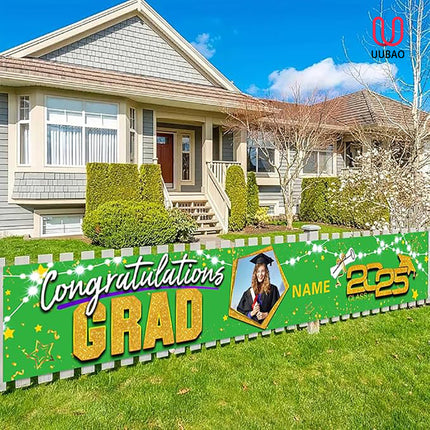 UUBAO Custom Graduation Party Decorations 2025 Personalization Congrats Grad Banner Graduation Backdrop(Light Green and Gold)