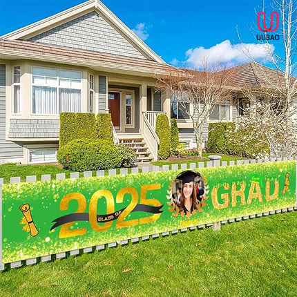 UUBAO Custom Graduation Party Decorations 2025 Personalization Congrats Grad Banner Graduation Backdrop(Light Green and Gold)