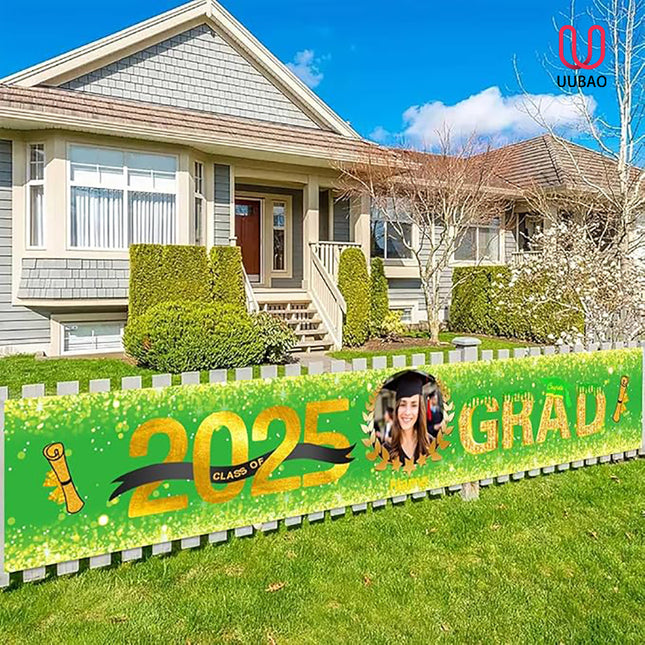 UUBAO Custom Graduation Party Decorations 2025 Personalization Congrats Grad Banner Graduation Backdrop(Light Green and Gold)